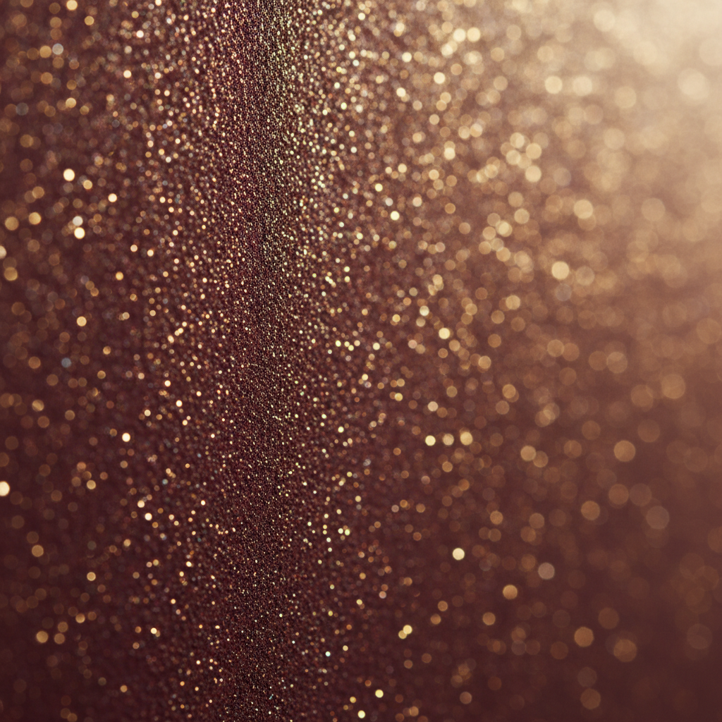 Zbliżenie na fragment ściany w głębokim, burgundowym kolorze, na której widoczny jest efekt złotego brokatu. Delikatne, ciepłe światło z boku podkreśla tysiące mieniących się złotych drobinek, tworząc luksusową i bogatą teksturę. Tło jest lekko rozmyte, skupiając całą uwagę na iskrzącym detalu.