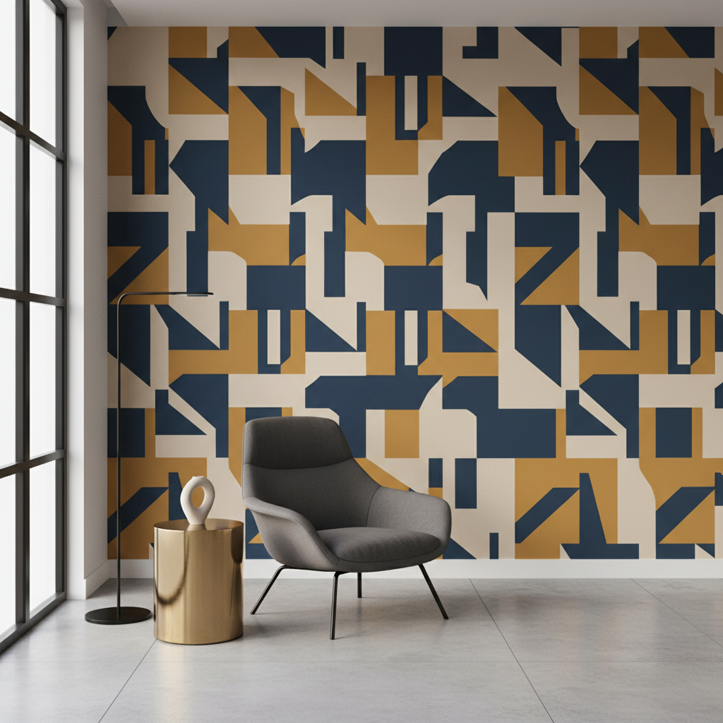 Eleganckie, minimalistyczne wnętrze z nowoczesnym fotelem i metalowym stolikiem. Główna ściana jest w całości pokryta fototapetą z odważnym, abstrakcyjnym wzorem inspirowanym kubizmem, z geometrycznymi kształtami w odcieniach ochry, granatu i beżu. Kompozycja jest dynamiczna, ale harmonijna.