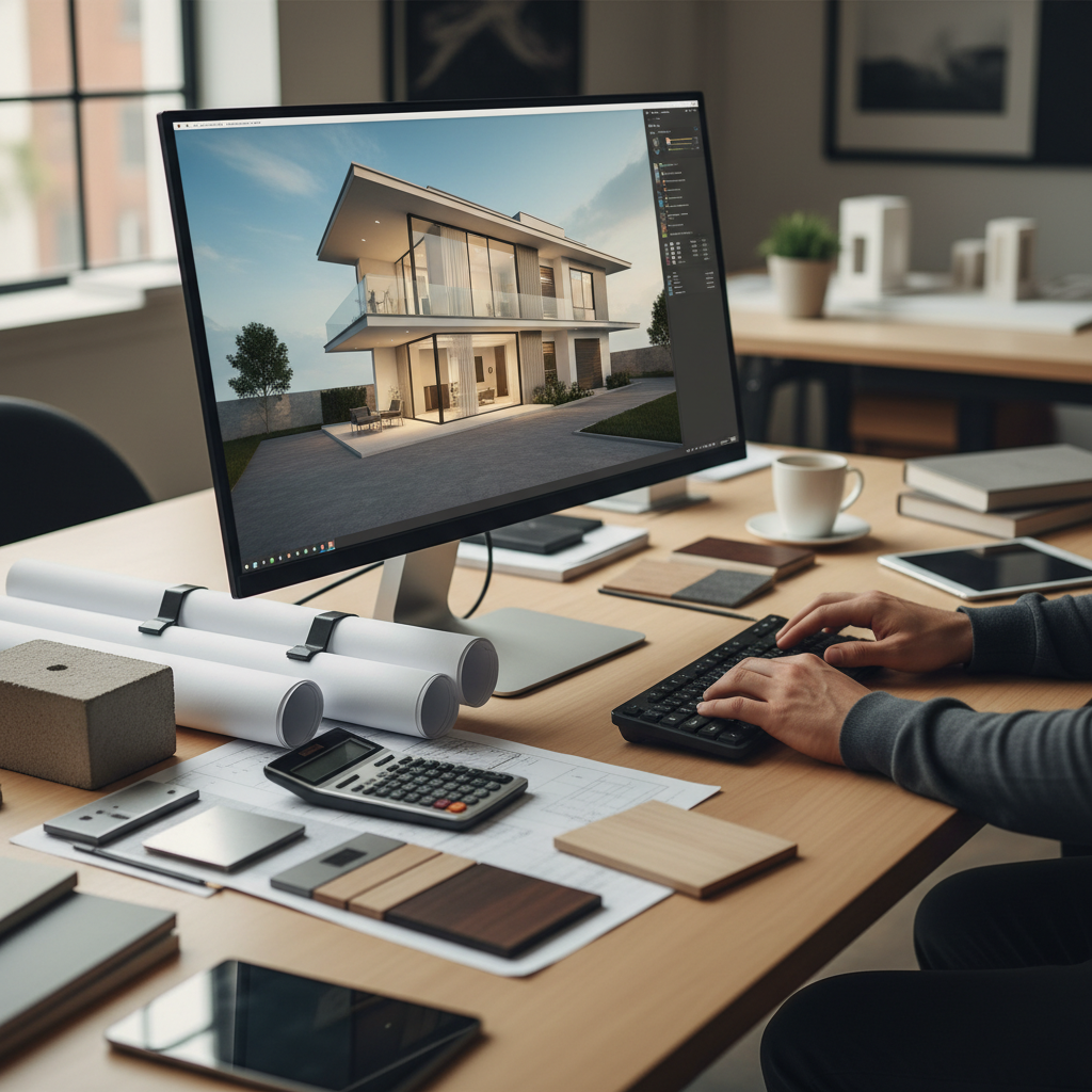 Nowoczesne biurko architekta z komputerem wyświetlającym wizualizację 3D domu. Obok leżą plany techniczne, kalkulator i próbki materiałów. Ręce architekta pracują na klawiaturze, dopracowując projekt.