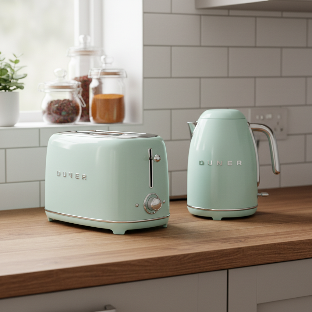Zbliżenie na stylowy, drewniany blat kuchenny, na którym stoi pastelowo-miętowy toster w stylu retro oraz pasujący do niego czajnik elektryczny. W tle widać fragment ściany wyłożonej białymi płytkami typu 