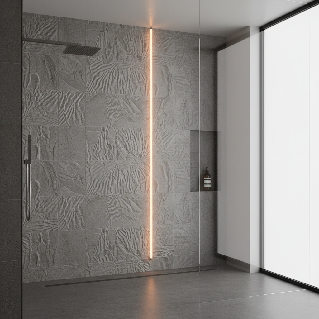 Nowoczesna kabina prysznicowa typu walk-in. Jedna ze ścian wyłożona jest pięknymi, strukturalnymi płytkami ceramicznymi imitującymi szary kamień. Z sufitu pada wąski strumień ciepłego, akcentującego światła, który wydobywa trójwymiarową fakturę płytek, tworząc grę światła i cienia.
