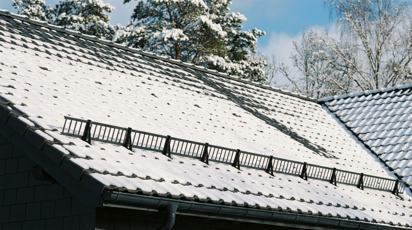Szerokie, malownicze ujęcie fragmentu skośnego dachu pokrytego idealnie ułożonymi, antracytowymi dachówkami ceramicznymi. Jest słoneczny, zimowy dzień, a na dachu leży cienka warstwa śniegu. Na połaci zamontowane są estetyczne, czarne płotki przeciwśniegowe, które skutecznie zapobiegają zsuwaniu się mas śniegu. W tle widać ośnieżone korony drzew i błękitne niebo. Obrazek ma spokojny, bezpieczny i estetyczny charakter, pokazując funkcjonalność dachu zimą.