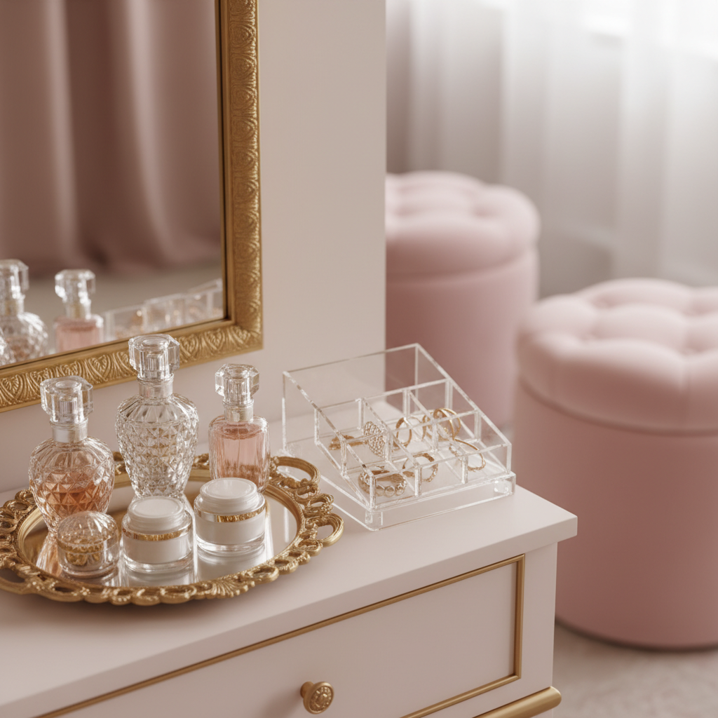 Zbliżenie na fragment blatu eleganckiej toaletki w stylu glamour. Na ozdobnej, złotej tacy stoją piękne, kryształowe butelki perfum i słoiczki z kremami. Obok stylowy, akrylowy organizer na biżuterię z kilkoma złotymi naszyjnikami i pierścionkami. W tle widać fragment lustra w złotej ramie i delikatną, welurową pufę w kolorze pudrowego różu. Ciepłe, miękkie oświetlenie podkreśla luksusowy charakter aranżacji.