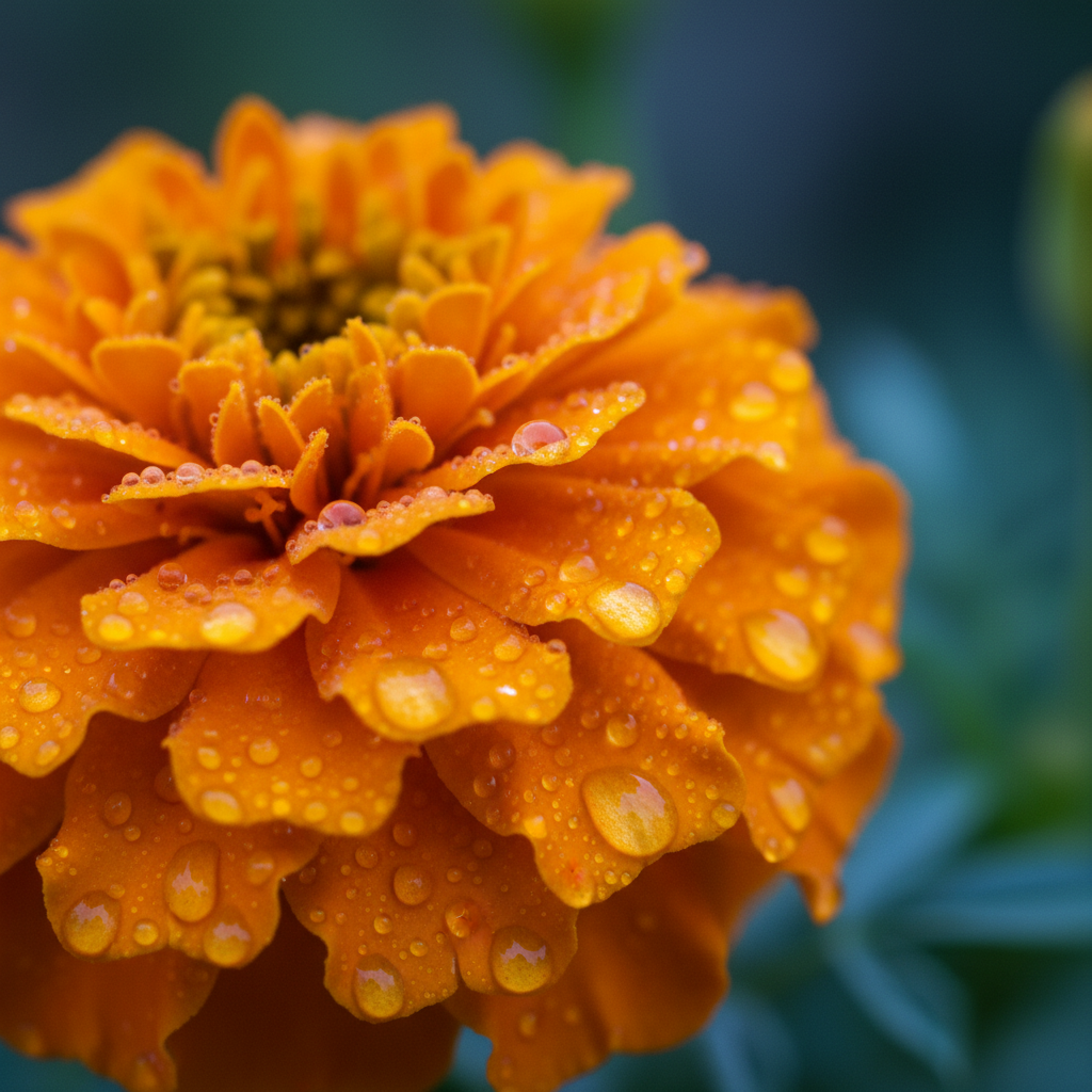 Makrofotografia, artystyczne ujęcie kwiatu aksamitki w intensywnym, pomarańczowym kolorze z kroplami porannej rosy na aksamitnych płatkach. Tło jest delikatnie rozmyte, skupiając całą uwagę na idealnej strukturze kwiatu.