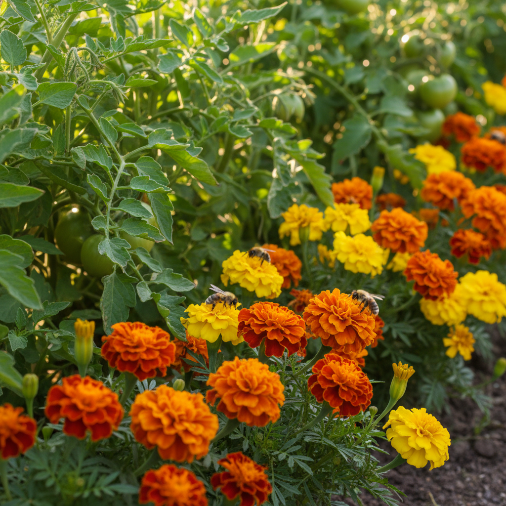 Żywe, nasłonecznione zbliżenie przedstawiające rząd jaskrawo pomarańczowych i żółtych aksamitek posadzonych na skraju grządki warzywnej. Za kwiatami widoczne są bujne, zielone liście pomidorów. Kilka pszczół brzęczy wokół kwiatów, podkreślając bioróżnorodność ogrodu. Obraz powinien być kolorowy, pełen życia i naturalny.