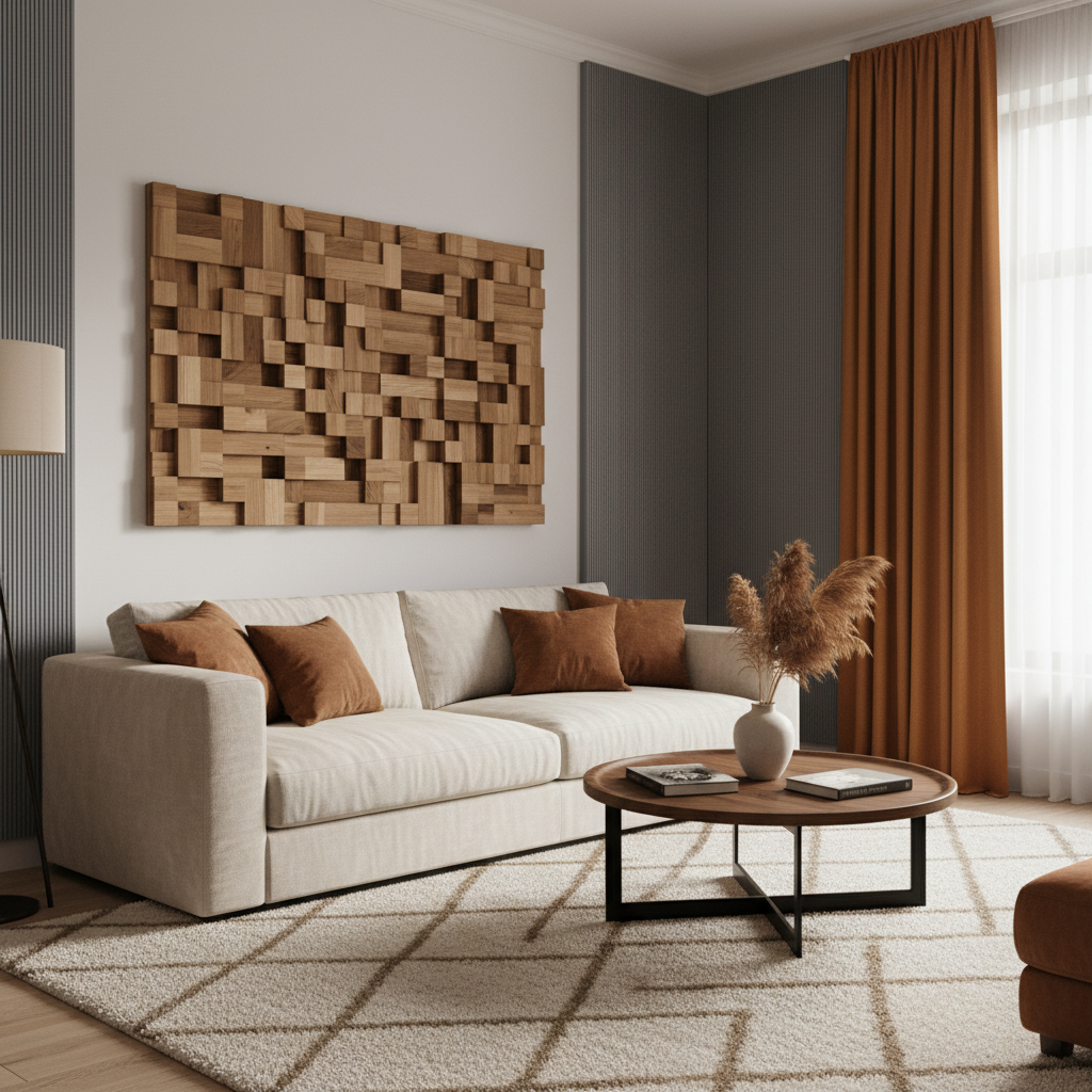 Stylowo urządzony salon, w którym na ścianie za kanapą widać estetyczny, drewniany dyfuzor akustyczny, a na bocznej ścianie panele z tkaniny. Pomieszczenie jest przytulne, z grubym dywanem na podłodze i ciężkimi zasłonami w oknach.