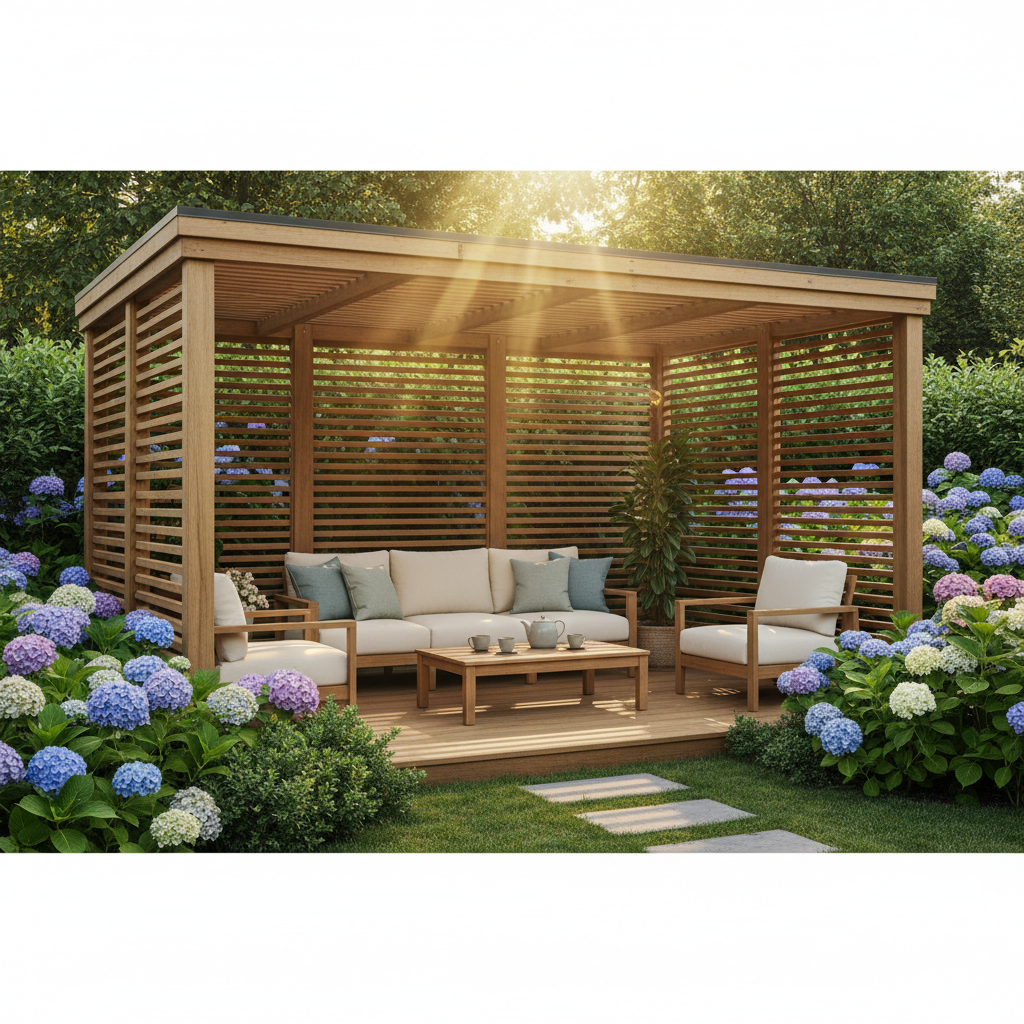 Stylowa, drewniana altana ogrodowa w nowoczesnym stylu, otoczona bujną zielenią i kwitnącymi hortensjami. Wewnątrz widać wygodne meble wypoczynkowe z miękkimi poduszkami. Promienie słońca delikatnie przeświecają przez ażurowy dach, tworząc przytulną atmosferę relaksu.