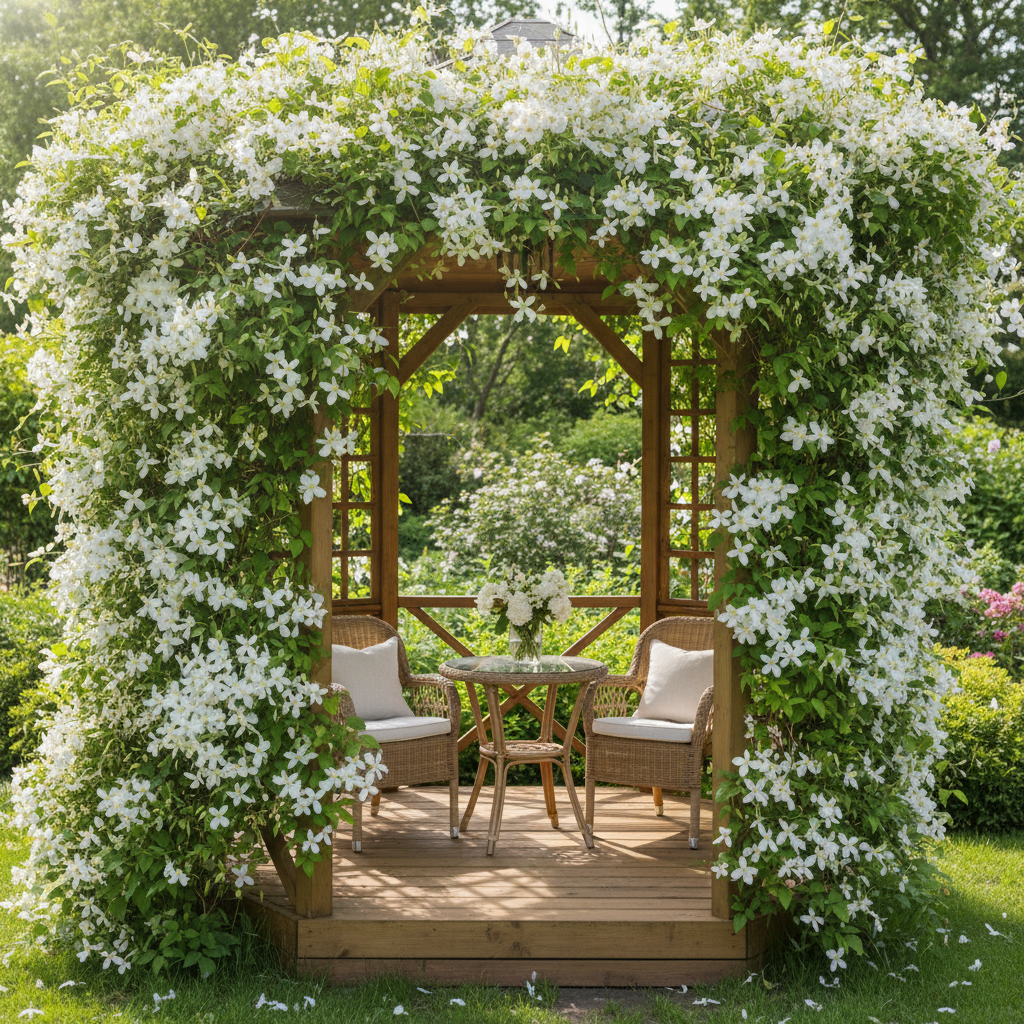 Urokliwa, drewniana altana w ogrodzie, spowita kwitnącym, białym powojnikiem (clematis). Przez zielone zadaszenie przenikają promienie słońca, tworząc magiczną atmosferę relaksu. W tle widać bujną zieleń ogrodu.