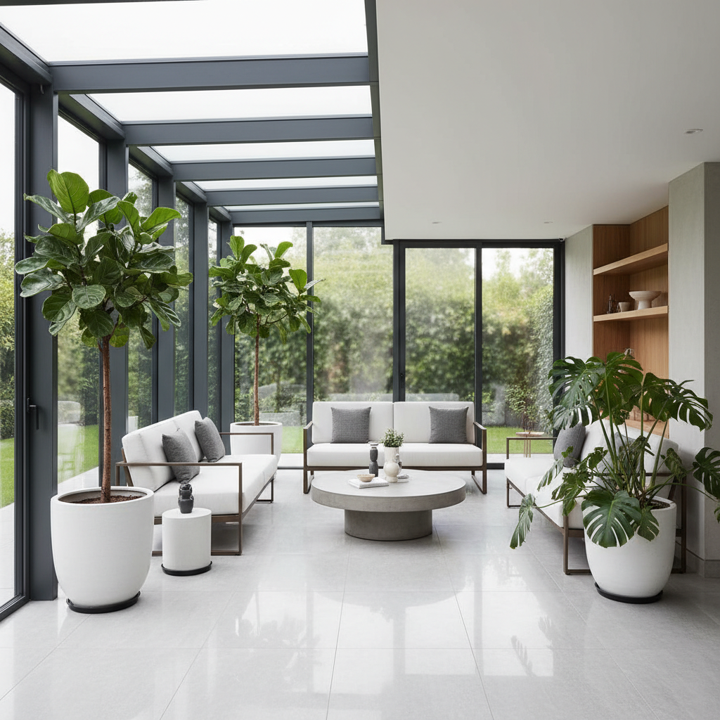 Eleganckie, minimalistyczne wnętrze ogrodu zimowego z widoczną, smukłą konstrukcją z aluminium w kolorze antracytowym. Przez panoramiczne przeszklenia wpada mnóstwo dziennego światła, oświetlając nowoczesne meble i kilka dużych, ozdobnych roślin doniczkowych.