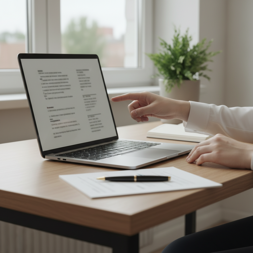 Nowoczesne, jasne biurko z drewna, na którym leży otwarty laptop wyświetlający fragmenty cyfrowego dokumentu. Obok leży elegancki notatnik i długopis, a w tle widać zieloną roślinę doniczkową. Ujęcie skupia się na rękach osoby, która uważnie analizuje dane na ekranie, co symbolizuje skrupulatną weryfikację stanu prawnego nieruchomości.