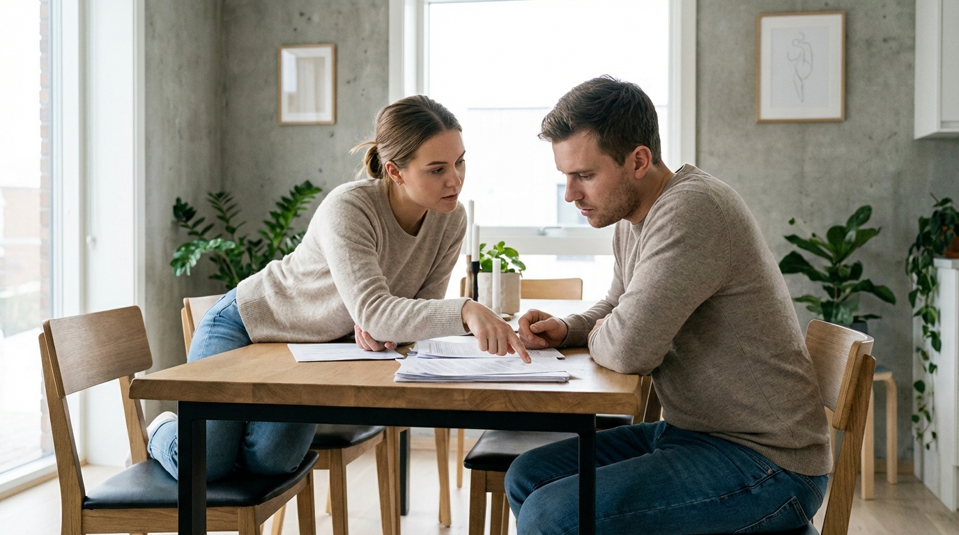 Młoda para siedzi przy stole w jadalni, wspólnie i z uwagą analizując dokumenty. Jedna osoba wskazuje palcem na konkretny paragraf, a druga z zainteresowaniem słucha. Scena jest dobrze oświetlona, co oddaje atmosferę współpracy i powagi. Wnętrze jest nowoczesne i minimalistyczne.