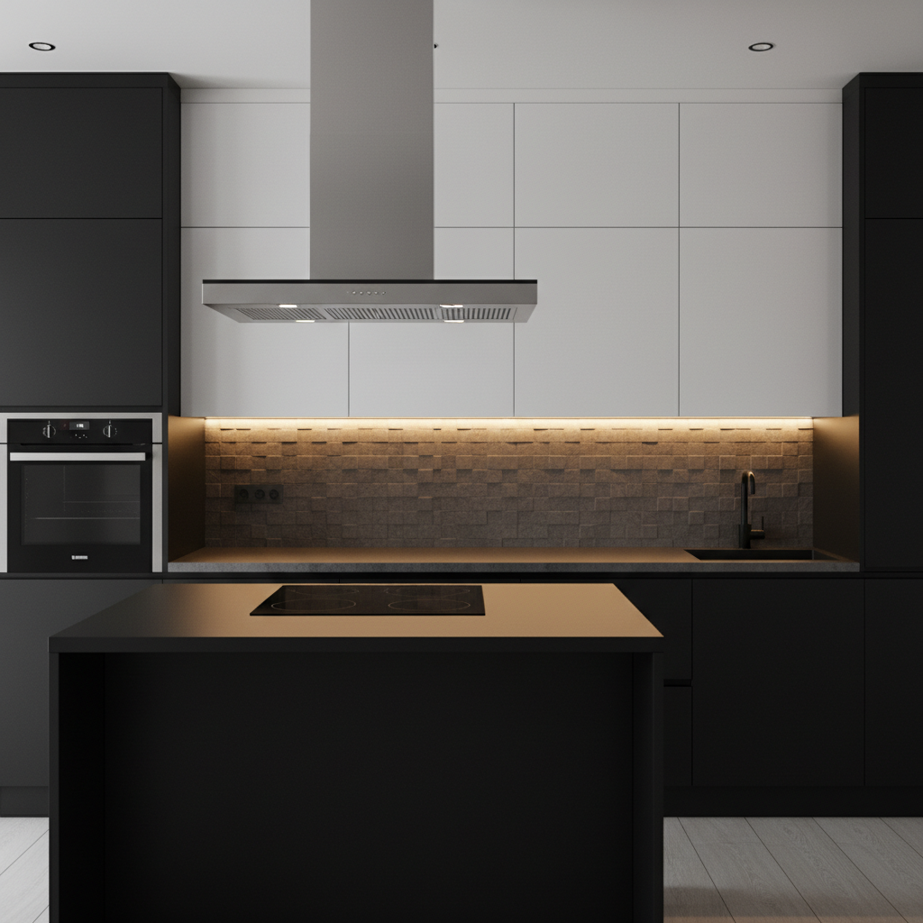 Zbliżenie na nowoczesny aneks kuchenny w czerni i bieli. Dolne szafki są w kolorze głębokiej, matowej czerni, a górne w lśniącej bieli z wykończeniem na wysoki połysk. Nad czarnym półwyspem wisi elegancki, minimalistyczny okap w kolorze stali nierdzewnej. Ciepłe światło LED podświetla blat oraz ścianę z płytkami o ciekawej, geometrycznej fakturze.