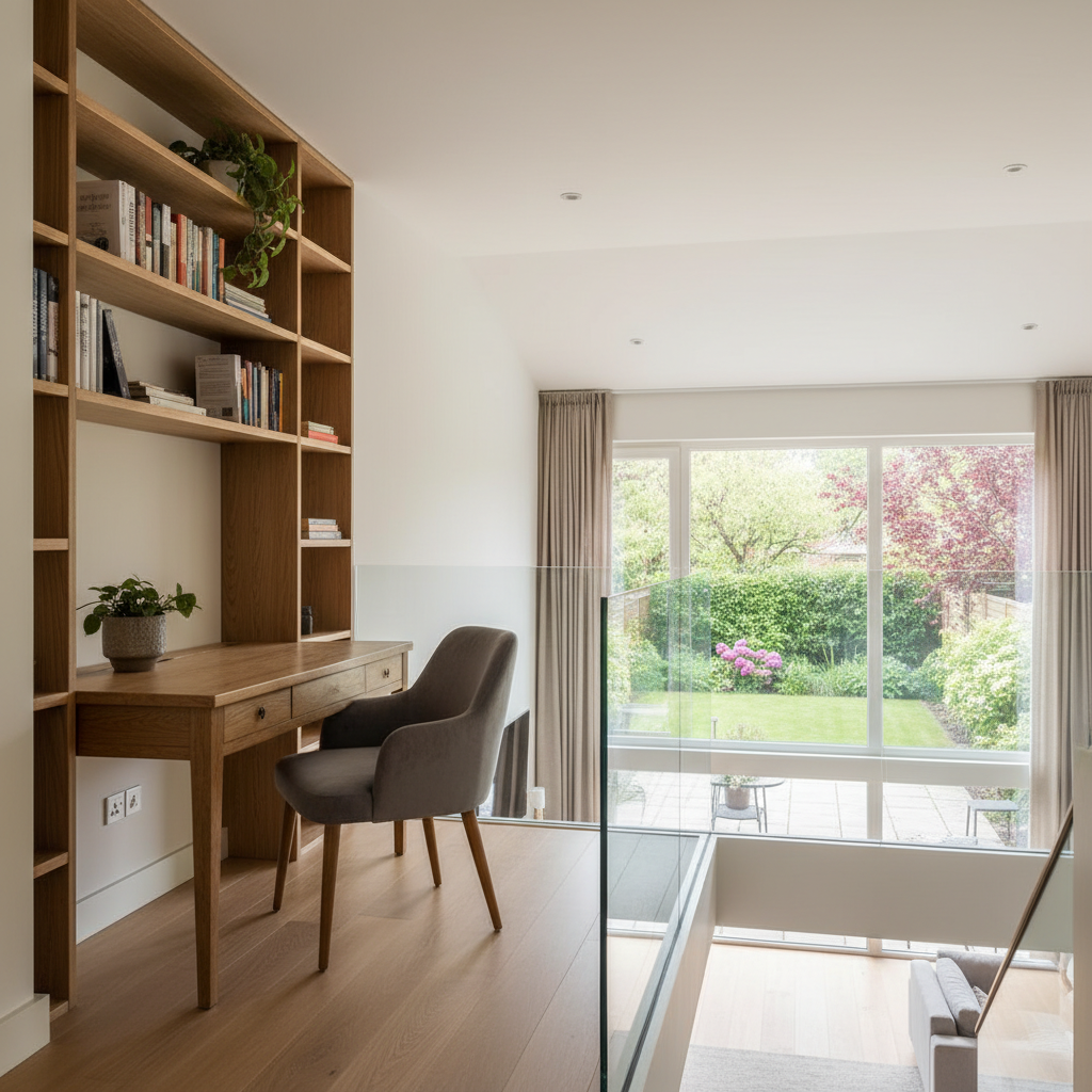 antresola_w_domu - Widok na przytulną antresolę pełniącą funkcję domowego biura. Widać proste, drewniane biurko, wygodny fotel i regał na książki. Przez szklaną balustradę roztacza się widok na salon poniżej i duże okna wychodzące na zielony ogród. Przestrzeń jest jasna, funkcjonalna i stylowa.