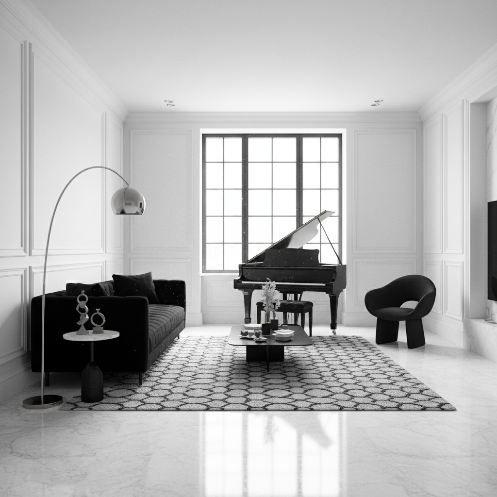 Elegancki, duży salon urządzony w czerni i bieli. Białe ściany i jasna, marmurowa podłoga stanowią tło dla czarnej, aksamitnej sofy, czarnego fortepianu i designerskiego, czarnego fotela. Duże okno z czarnymi ramami wpuszcza światło, a złote akcenty w postaci lampy i dekoracji dodają luksusowego charakteru.