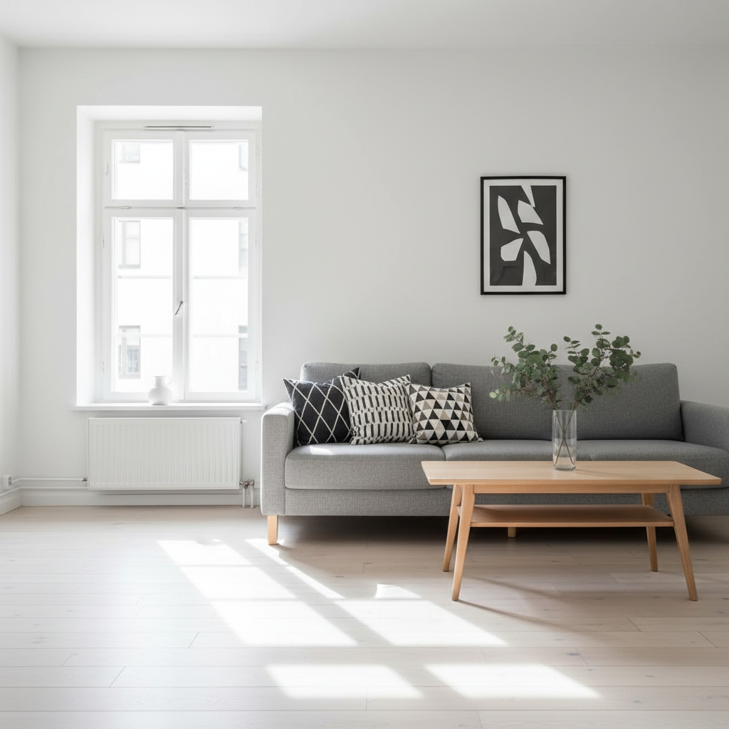 Przestronny, jasny salon w apartamencie w stylu skandynawskim. Duże okno wpuszcza mnóstwo naturalnego światła, oświetlając jasną drewnianą podłogę. W centrum znajduje się prosta, szara sofa z kilkoma poduszkami w geometryczne wzory. Obok niej stoi minimalistyczny stolik kawowy z jasnego drewna, a na nim wazon z gałązkami eukaliptusa. W tle widać białą ścianę z prostą, czarno-białą grafiką w ramce. Całość tworzy wrażenie spokoju, porządku i przestronności. Zdjęcie wykonane w stylu fotografii lifestylowej, z miękkim, naturalnym oświetleniem.