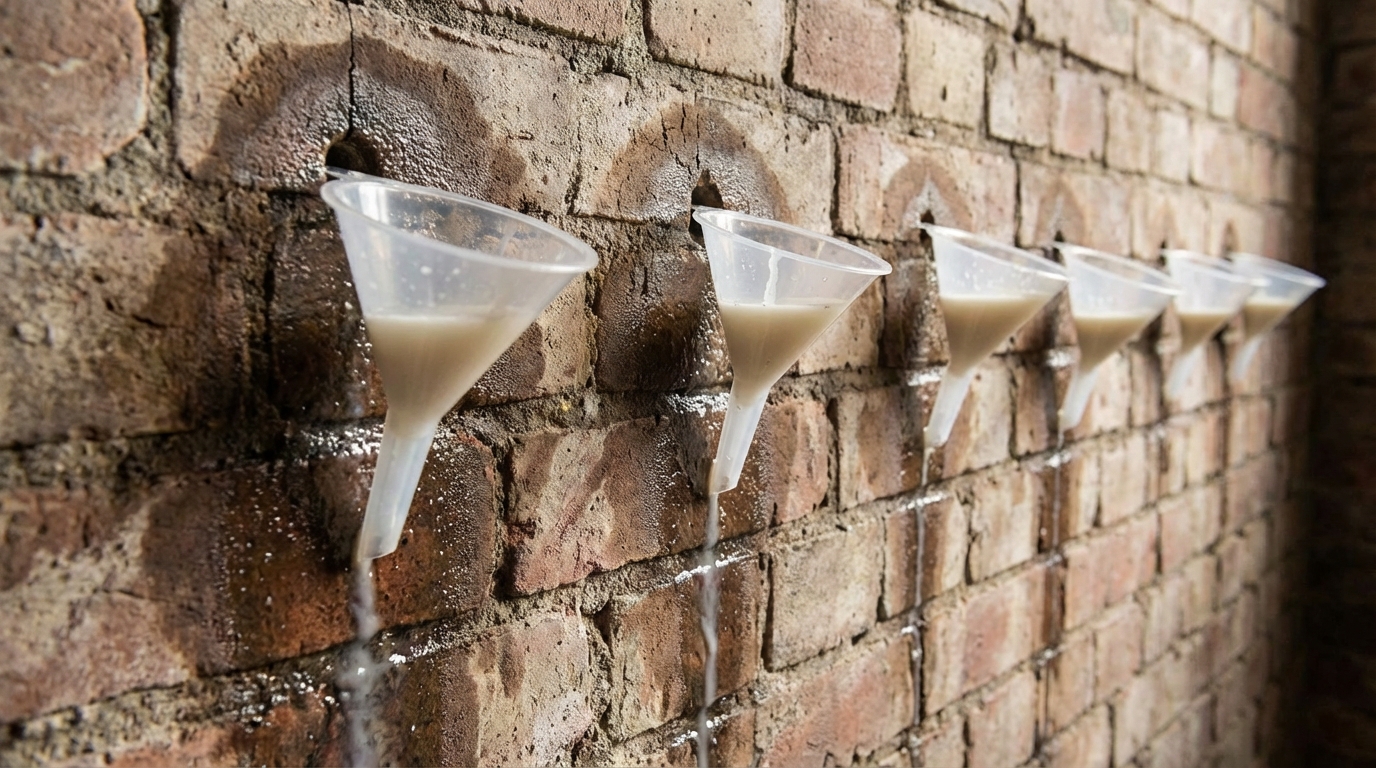Rząd plastikowych lejków włożonych w otwory w ścianie z cegły. Przezroczyste lejki są częściowo wypełnione płynem iniekcyjnym, który powoli wsiąka w mur. Oświetlenie podkreśla wilgotne plamy wokół otworów, pokazując proces wchłaniania preparatu.