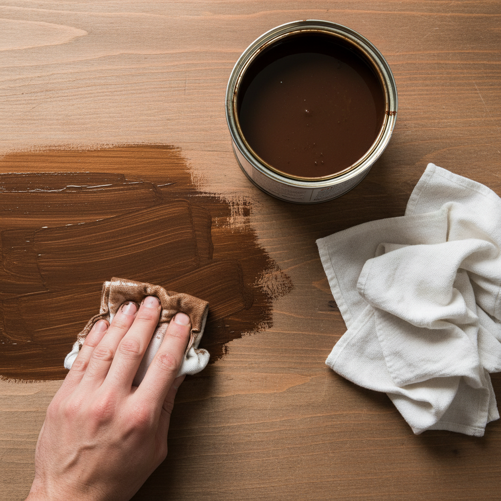 Estetyczne ujęcie z góry na drewniany blat, na który nanoszoną jest ciemna, orzechowa bejca za pomocą bawełnianej szmatki. Widać, jak kolor wnika w drewno, pięknie podkreślając jego naturalne słoje. Obok leży otwarta puszka z bejcą i czyste szmatki, gotowe do zebrania nadmiaru produktu.