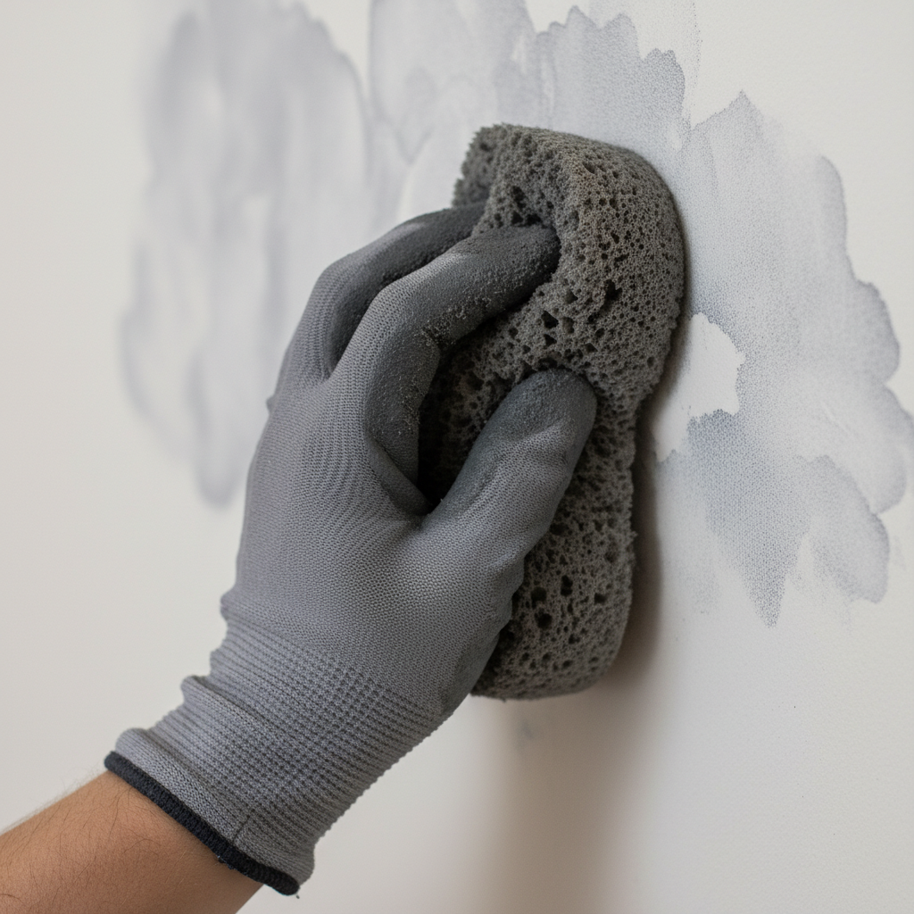 Ujęcie z bliska dłoni w rękawiczce ochronnej, która trzyma naturalną gąbkę morską nasączoną półprzeźroczystą, szarą bejcą. Dłoń delikatnie dociska gąbkę do jasno pomalowanej ściany, tworząc miękki, chmurkowy wzór. W tle widać fragment już udekorowanej ściany.
