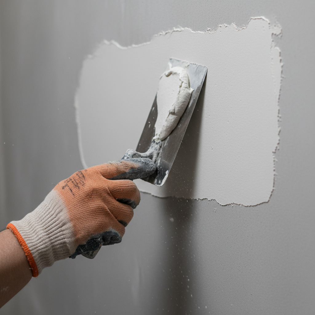 Zbliżenie na dłoń w rękawicy roboczej, trzymającą pacę ze stali nierdzewnej pod idealnym kątem do ściany. Na pacy widać świeżą, białą masę gipsową, która jest właśnie płynnym ruchem rozprowadzana po szarej, zagruntowanej ścianie. Kadr jest dynamiczny i skupiony na akcji, pokazując precyzję i fachowość wykonania.