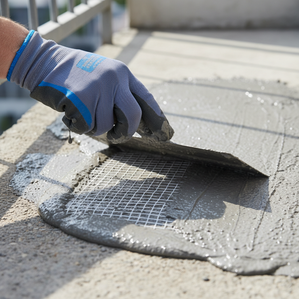 Zbliżenie na dłoń w rękawicy roboczej, która za pomocą pacy nakłada szarą masę hydroizolacyjną na betonową powierzchnię balkonu. W świeżej masie widać zatopioną białą siatkę z włókna szklanego. Oświetlenie jest jasne i naturalne, podkreślając teksturę materiałów.