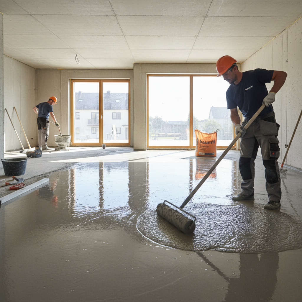 Profesjonalny pracownik budowlany wylewający płynny, szary jastrych samopoziomujący Baumit Alpha 2500 na dużej powierzchni podłogi w nowo budowanym domu. Widoczne narzędzia, takie jak wałek kolczasty lub sztanga do odpowietrzania. Światło jest jasne, wpadające przez duże okna, podkreślając gładkość i płynność masy.