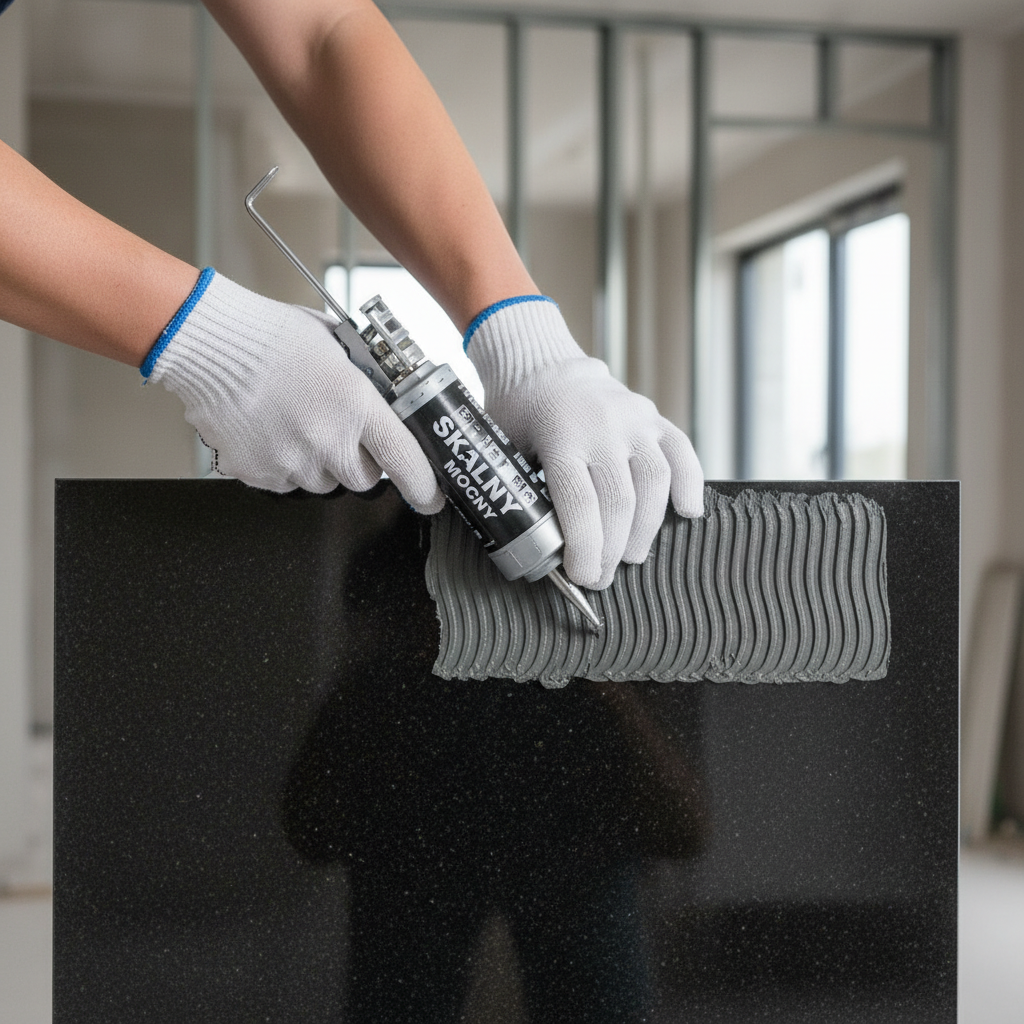 Ujęcie z bliska dłoni profesjonalisty w czystych rękawicach roboczych, który za pomocą pistoletu do kartuszy precyzyjnie nakłada ścieżki kleju Skalny Mocny na tył dużej, eleganckiej płyty z polerowanego granitu. Tło jest lekko rozmyte, sugeruje wnętrze nowoczesnego budynku w budowie. Kadr skupia się na czystości i precyzji aplikacji.