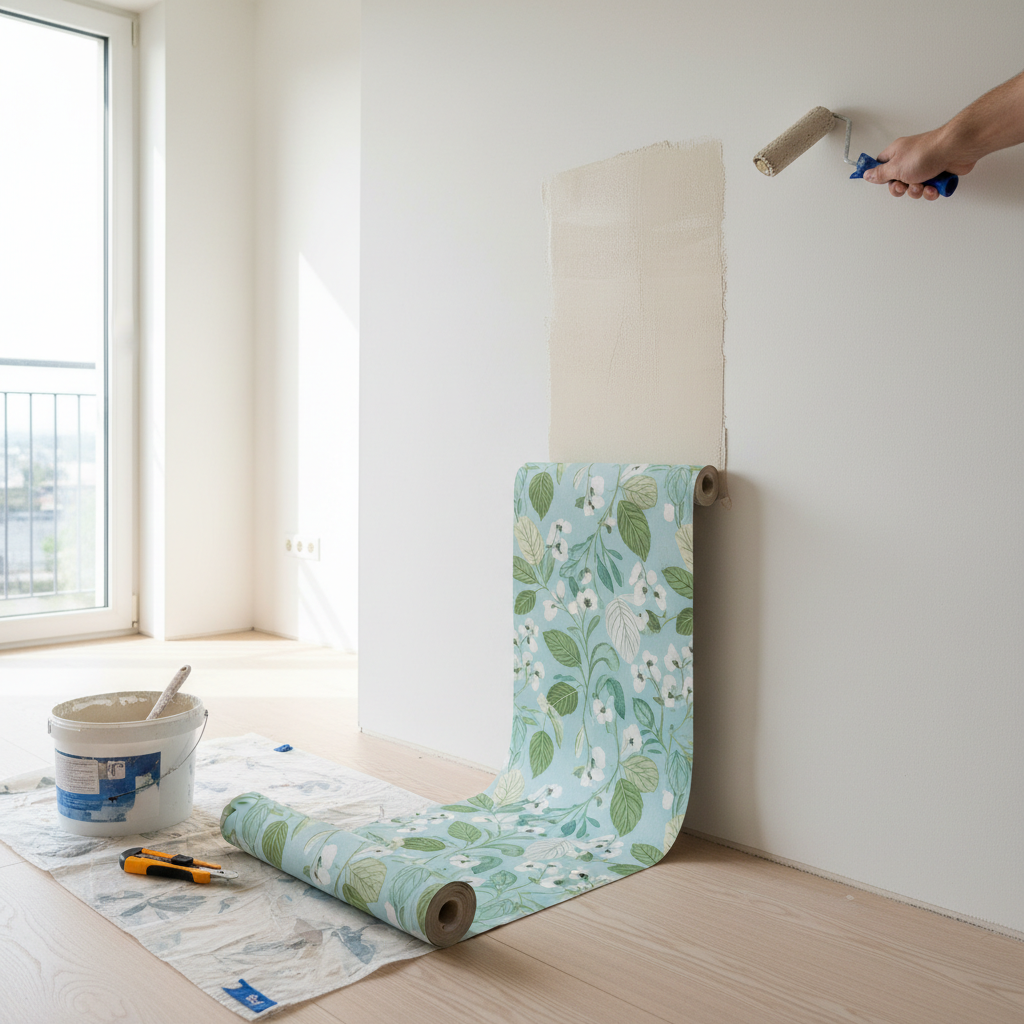 Widok z perspektywy osoby tapetującej. Widać rękę trzymającą wałek do kleju, który jest rozprowadzany równomiernie na gładkiej, zagruntowanej ścianie. Obok, na podłodze, leży przygotowana rolka nowoczesnej tapety flizelinowej z botanicznym wzorem. Pomieszczenie jest jasne i dobrze oświetlone.