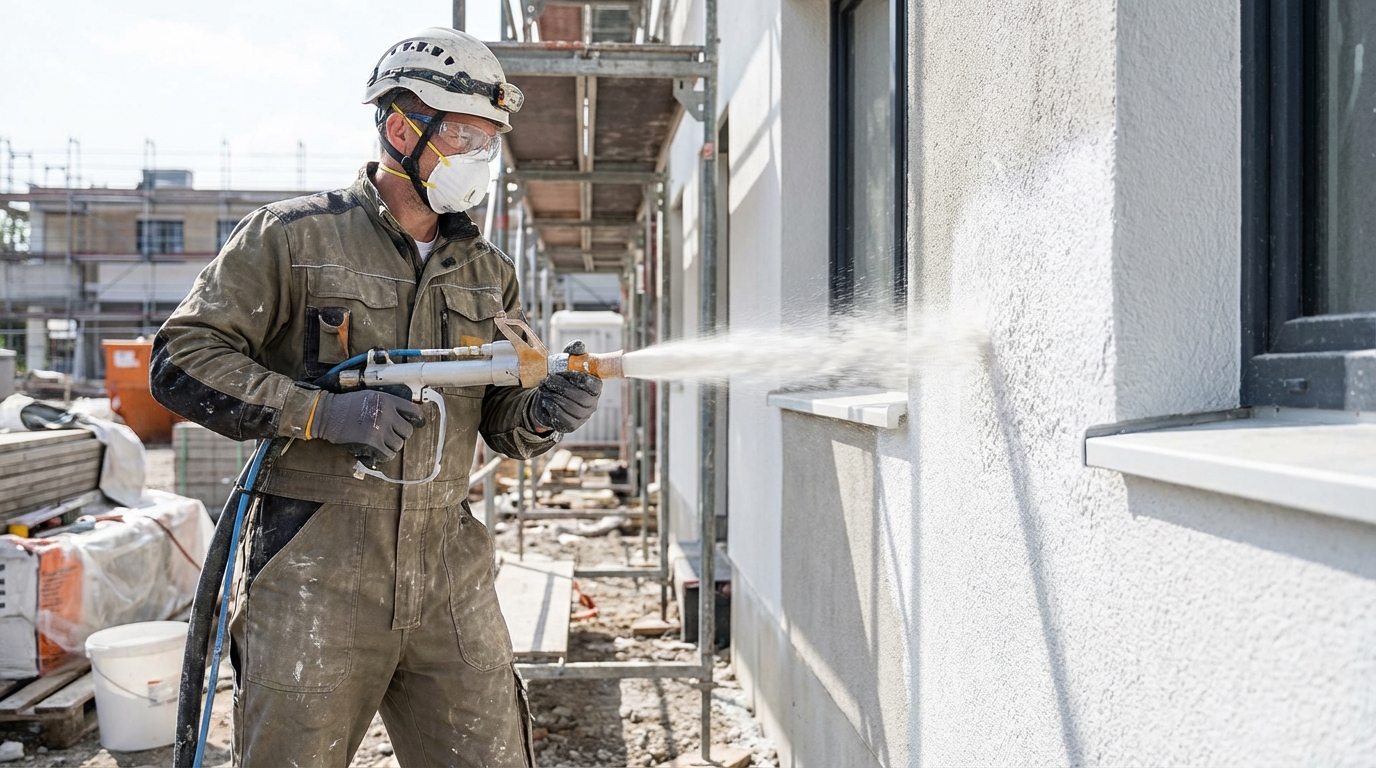 Zdjęcie pracownika budowlanego w profesjonalnym stroju roboczym, który za pomocą agregatu natryskowego równomiernie nakłada biały tynk na ścianę budynku. Widoczny jest strumień materiału precyzyjnie pokrywający powierzchnię, co ilustruje nowoczesność i efektywność tej metody.