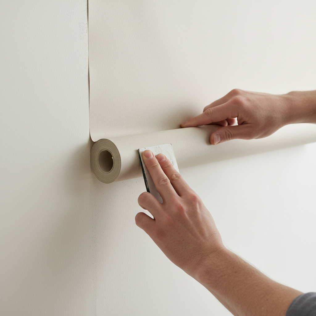 Zbliżenie na dłonie profesjonalisty, który delikatnie dociska i wygładza bryt papieru gładziowego na ścianie za pomocą specjalnej packi do tapet. Ujęcie jest czyste i jasne, podkreśla precyzję i brak bałaganu podczas pracy. W tle widać fragment już położonego, idealnie gładkiego papieru.