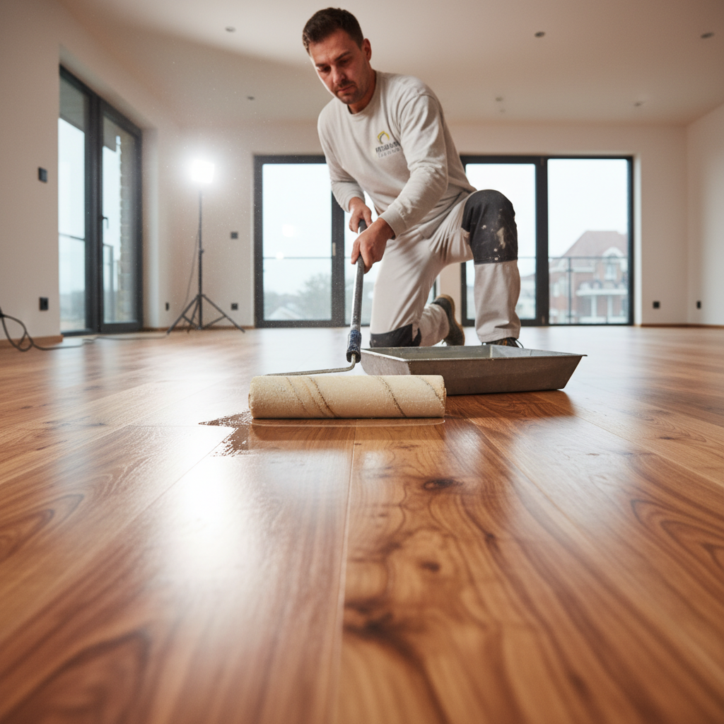 Ujęcie z perspektywy podłogi, ukazujące profesjonalnego parkieciarza w czystym stroju roboczym, który starannie nakłada wałkiem transparentny podkład na surową, pięknie wyszlifowaną podłogę z drewna egzotycznego.
