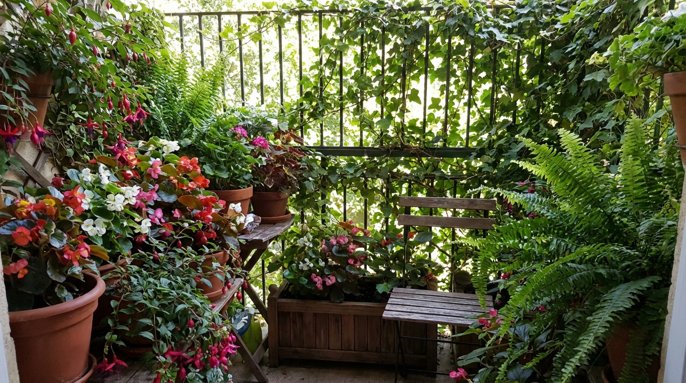 Pięknie zaaranżowany, cienisty balkon z różnorodnymi roślinami w donicach. W tle widać balustradę oplecioną bluszczem, a na pierwszym planie kompozycje z begonii, fuksji i paproci, tworzące wrażenie bujnej, zielonej oazy spokoju.