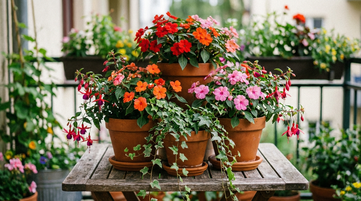 Artystyczna kompozycja kilku donic na drewnianym stole balkonowym. W donicach rosną różnokolorowe niecierpki, fuksje i bluszcz, tworząc wielopoziomową, barwną aranżację.
