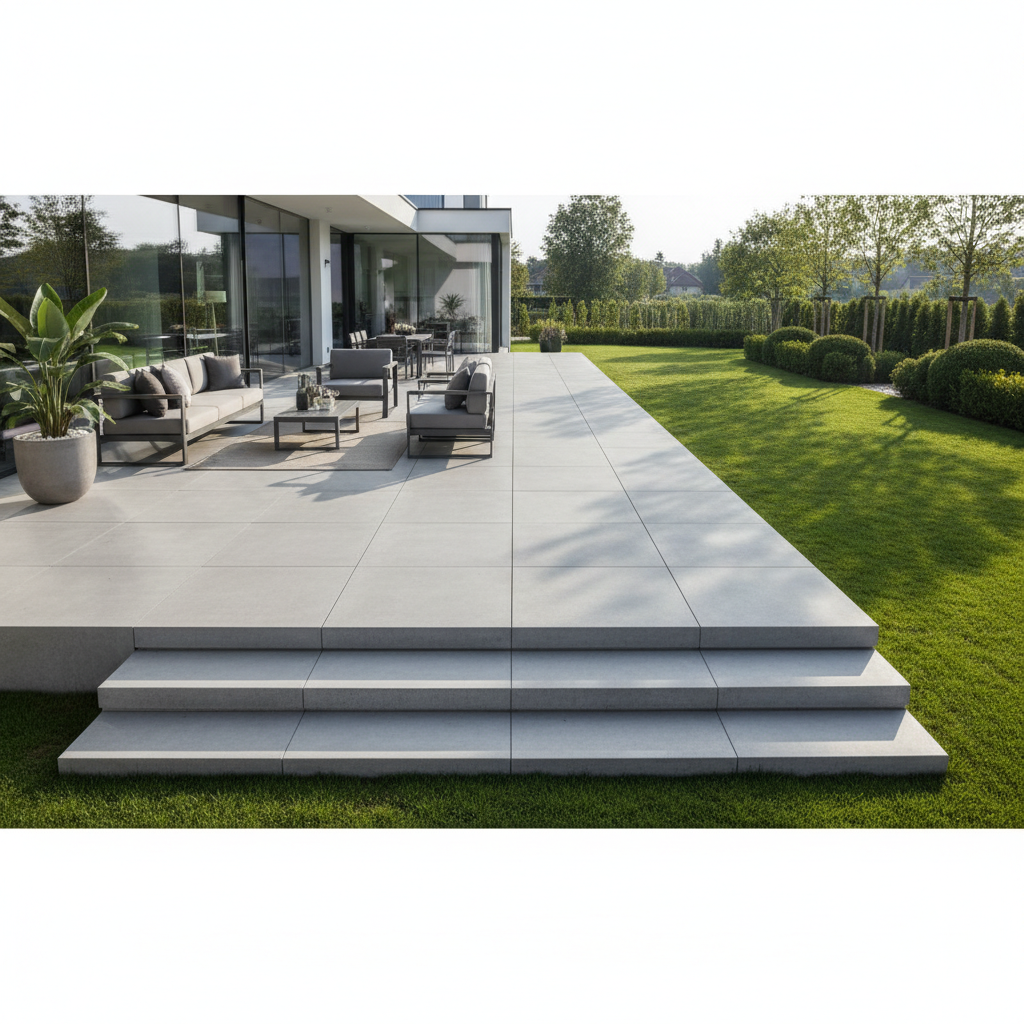 Perspektywiczne ujęcie tarasu wyłożonego dużymi, gładkimi płytami betonowymi, z którego schodzą schody wykonane z tego samego materiału. Schody prowadzą do zadbanego trawnika. Widoczna jest harmonia i płynne przejście między tarasem a ogrodem, co podkreśla spójność aranżacji. Na tarasie stoją nowoczesne meble ogrodowe.