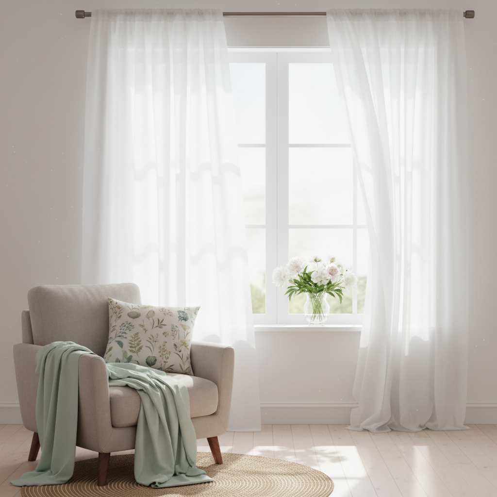 Jasny, przestronny salon skąpany w porannym słońcu. Duże okno jest centralnym punktem, udekorowane zwiewnymi, białymi firanami, które delikatnie porusza lekki wiatr. Obok okna stoi wygodny fotel z narzuconym na niego pastelowym, miętowym kocem i poduszką w subtelne botaniczne wzory. Na parapecie stoją świeże kwiaty w szklanym wazonie. Całość emanuje świeżością, lekkością i spokojem, idealnie oddając klimat wiosennej metamorfozy.
