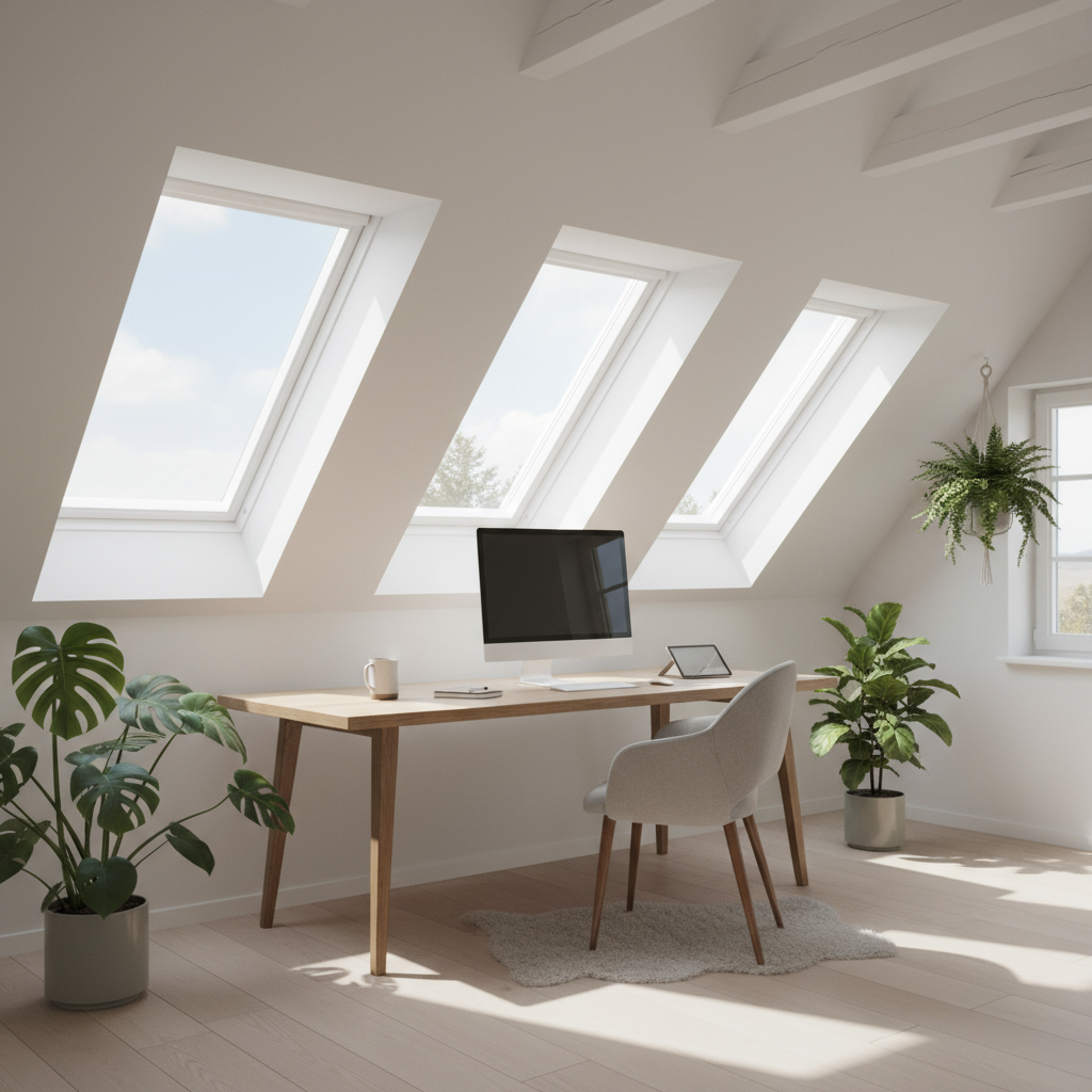 Jasne i przestronne biuro domowe urządzone na poddaszu. Pod rzędem okien dachowych znajduje się długie, minimalistyczne biurko z drewna. Wnętrze utrzymane jest w stylu skandynawskim, z białymi ścianami, jasną podłogą i subtelnymi, zielonymi akcentami w postaci roślin doniczkowych. Światło słoneczne zalewa pomieszczenie, tworząc inspirującą i kreatywną atmosferę do pracy.