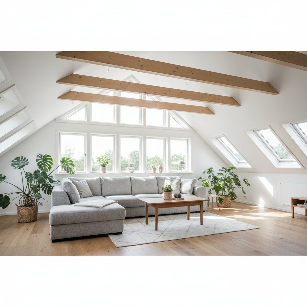 Jasny, przestronny salon na poddaszu z wysokim sufitem i widocznymi belkami stropowymi. Centralnym punktem jest duży zestaw okien dachowych, przez które wpada mnóstwo naturalnego światła, oświetlając wygodną, nowoczesną kanapę i drewnianą podłogę. Wnętrze jest urządzone w stylu skandynawskim, z dodatkami zielonych roślin doniczkowych.