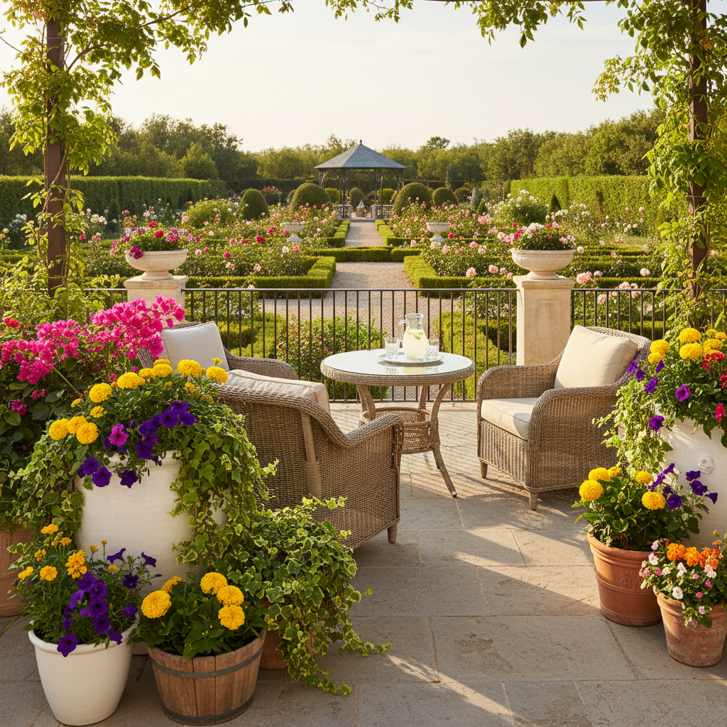 Piękny, skąpany w słońcu taras z panoramicznym widokiem na zadbany ogród. Na pierwszym planie widać harmonijną kompozycję różnych donic – dużych, białych ceramicznych i kilku mniejszych z naturalnego drewna. W donicach rosną kolorowe kwiaty i bujne, zielone rośliny. Na tarasie stoją wygodne meble ogrodowe, zapraszające do odpoczynku. Całość tworzy sielski, ale jednocześnie elegancki obraz idealnego miejsca do relaksu.