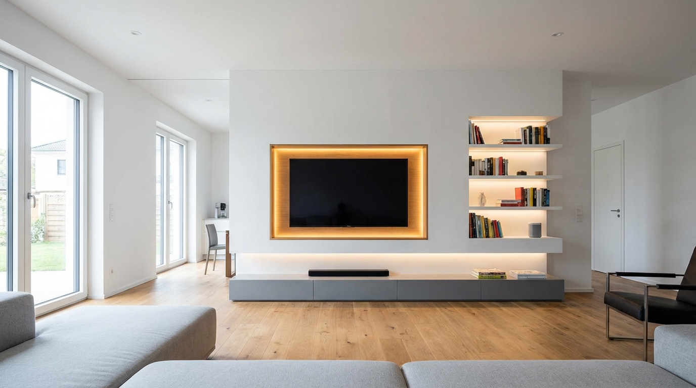Szerokie ujęcie nowoczesnego, jasnego salonu, w którym centralnym punktem jest ściana telewizyjna wykonana z płyt gipsowo-kartonowych. Wnęka na telewizor jest podświetlona ciepłym światłem LED, a obok znajdują się asymetryczne, podświetlane półki na książki i dekoracje. Wnętrze jest minimalistyczne, w odcieniach bieli i szarości z drewnianymi akcentami.