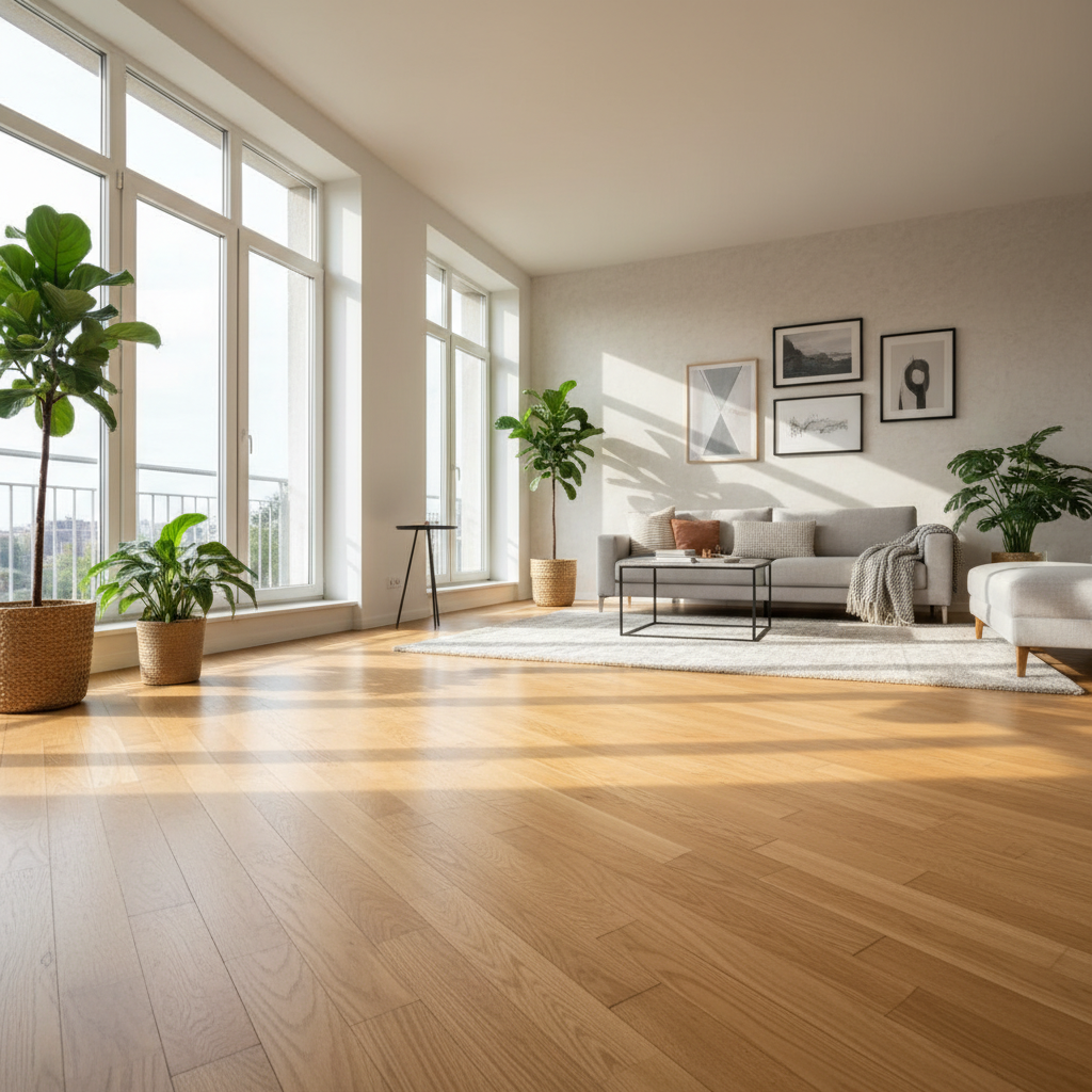 Jasny, przestronny salon z dużymi oknami, w którym centralnym elementem jest piękna, naturalna dębowa podłoga drewniana. Światło słoneczne podkreśla usłojenie drewna. W tle widać nowoczesne meble i zielone rośliny, tworzące harmonijną i przytulną atmosferę.