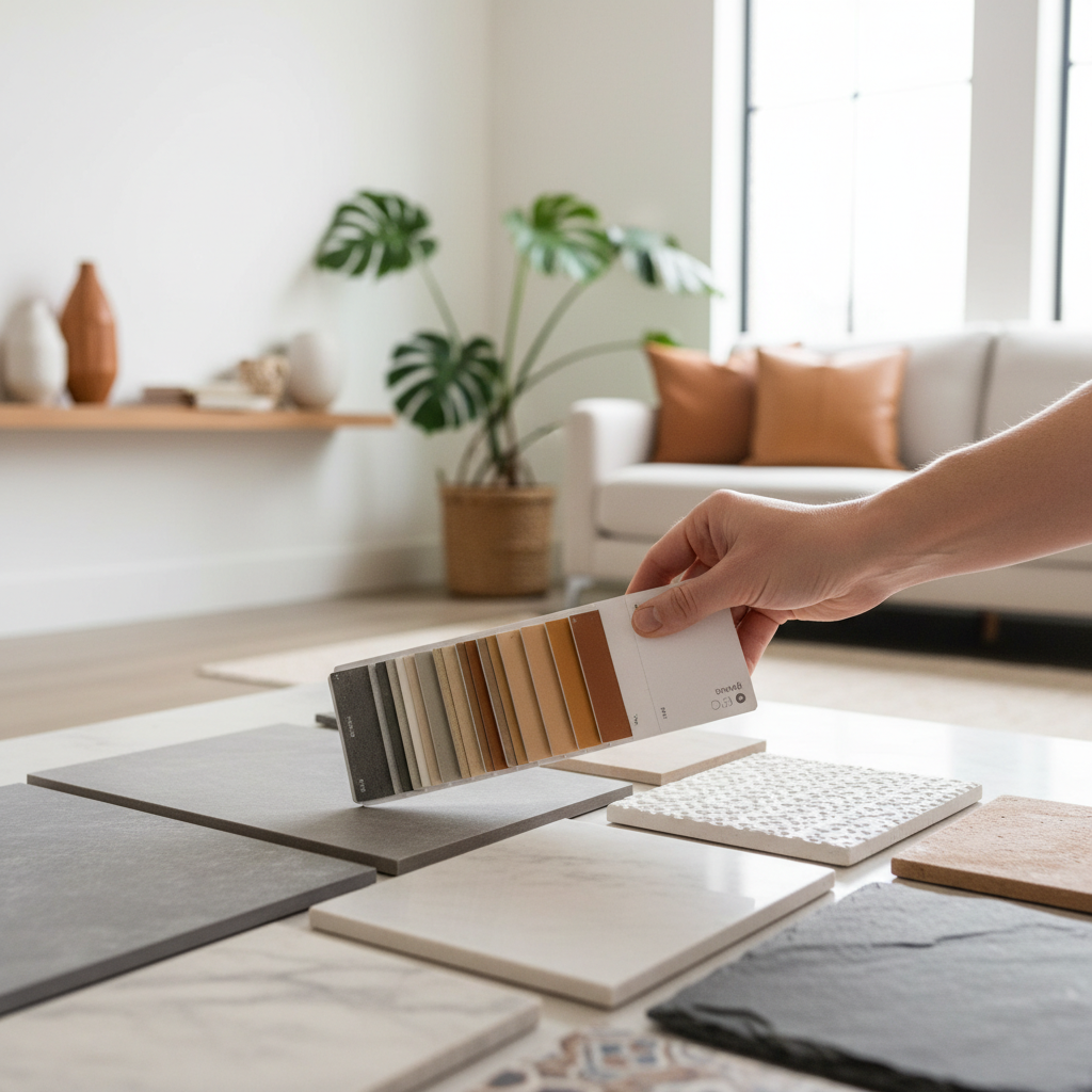 Jasne, estetyczne ujęcie przedstawiające dłoń projektanta wnętrz lub klienta trzymającą wzornik kolorów fug nad próbkami różnych płytek ceramicznych i kamiennych. W tle widać fragment nowocześnie urządzonego salonu lub łazienki. Całość utrzymana w ciepłej, inspirującej kolorystyce, sugerująca proces twórczy i podejmowanie świadomych decyzji aranżacyjnych.