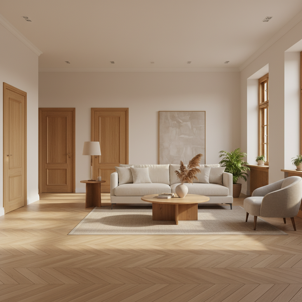 Elegancki, jasny salon z dużą, drewnianą podłogą w jodełkę. W tle widać fragment drewnianych ram okiennych i stylowe, proste drzwi wewnętrzne w podobnym odcieniu. Wnętrze jest harmonijne i przestronne, z kilkoma starannie dobranymi meblami i dużą ilością naturalnego światła.