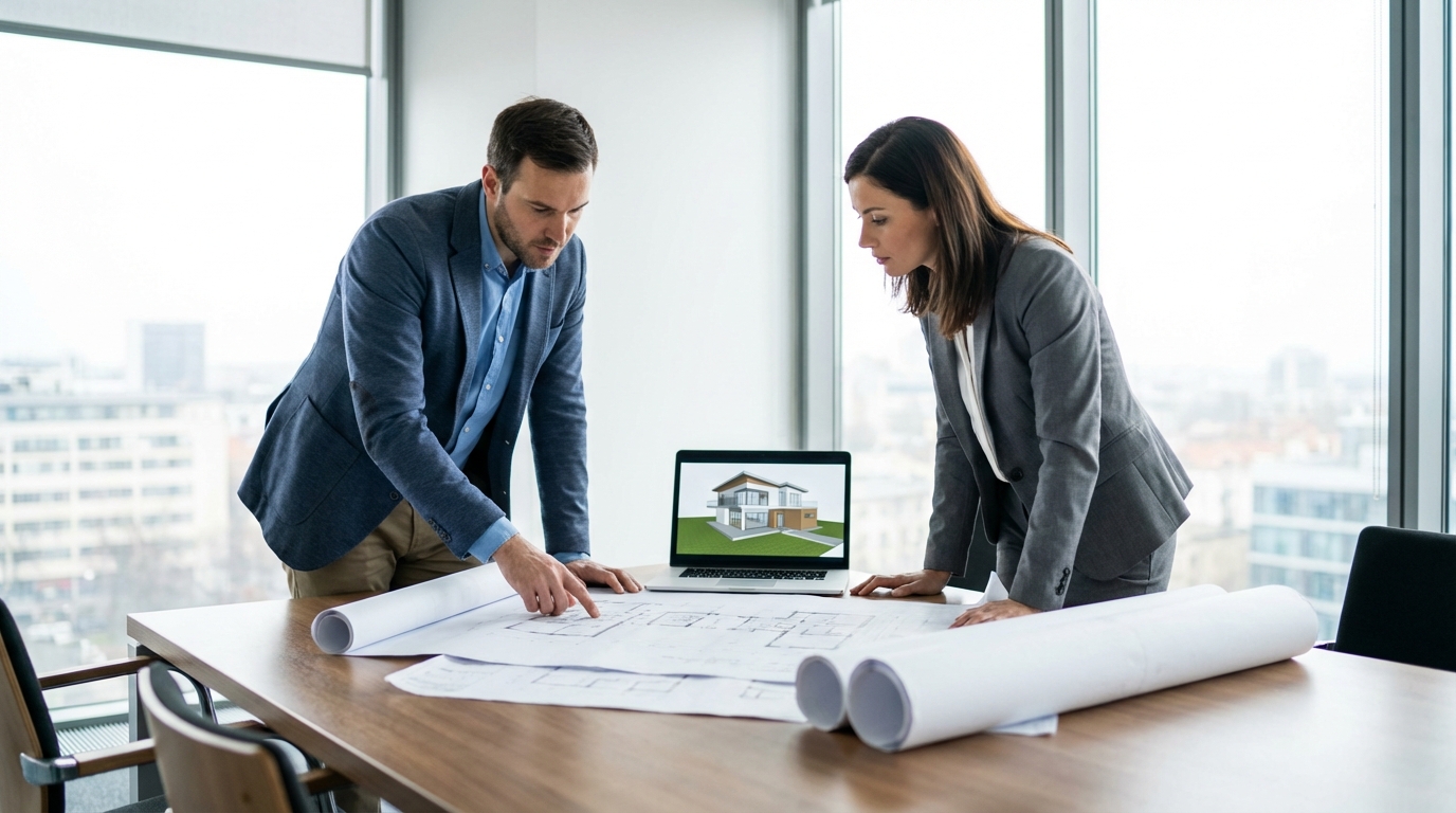 Dwójka osób, architekt i inwestor, pochylonych nad dużym stołem w jasnym, nowoczesnym biurze. Oglądają plany architektoniczne i model 3D domu na laptopie. Atmosfera jest profesjonalna i pełna skupienia.