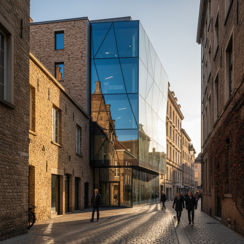 Realistyczne zdjęcie ukazujące nowoczesny budynek ze szklaną fasadą, który harmonijnie wtapia się w zabytkową uliczkę europejskiego miasta. Słońce oświetla scenę, podkreślając grę świateł na starych ceglanych murach i nowym szkle. Estetyka minimalistyczna, ale ciepła.
