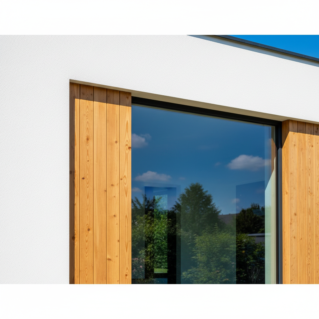 Zbliżenie na fragment elewacji rezydencji AC Nati G2, ukazujące harmonijne połączenie materiałów. Widoczny jest kontrast między nieskazitelnie białym tynkiem a pionowymi panelami z ciepłego, naturalnego drewna. Duże, bezramowe przeszklenie odbija fragment błękitnego nieba i zieleni ogrodu, podkreślając otwarcie domu na naturę.