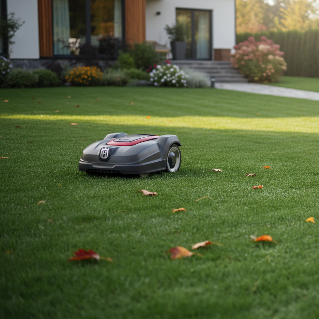 Nowoczesna kosiarka automatyczna Automower® Husqvarna cicho pracuje na idealnie przystrzyżonym, zielonym trawniku o poranku. W tle widać zadbany dom z ogrodem, a na trawie leży kilka jesiennych liści. Scena jest spokojna i pokazuje technologię w harmonii z naturą.