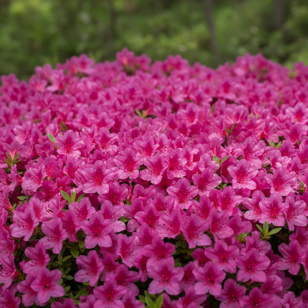 Zbliżenie na drobne, ale gęsto osadzone kwiaty azalii japońskiej w intensywnie różowym kolorze, pokrywające niemal całą powierzchnię krzewu, z delikatnie rozmytym zielonym tłem.