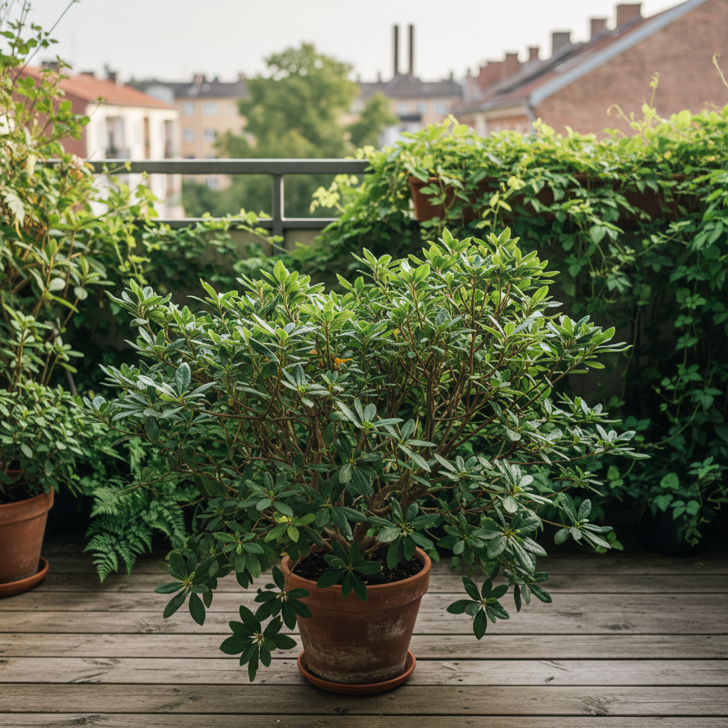 Doniczka z bujną, zieloną azalią (bez kwiatów) stojąca na drewnianym balkonie w letni dzień. W tle widać zieleń innych roślin i rozmyte elementy miejskiego krajobrazu. Słońce jest łagodne, co sugeruje półcień.