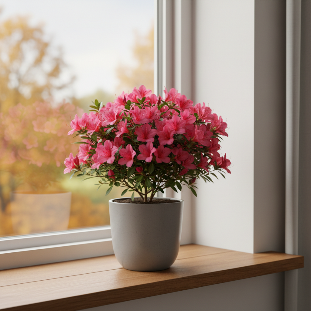 Piękna, obficie kwitnąca azalia indyjska w kolorze intensywnego różu, stojąca w minimalistycznej, szarej doniczce na drewnianym parapecie. Za oknem widać delikatnie rozmyty, jesienny krajobraz. Wnętrze jest jasne i nowoczesne, a światło padające na roślinę podkreśla żywe kolory jej kwiatów i soczystą zieleń liści. Całość tworzy ciepłą, przytulną atmosferę.