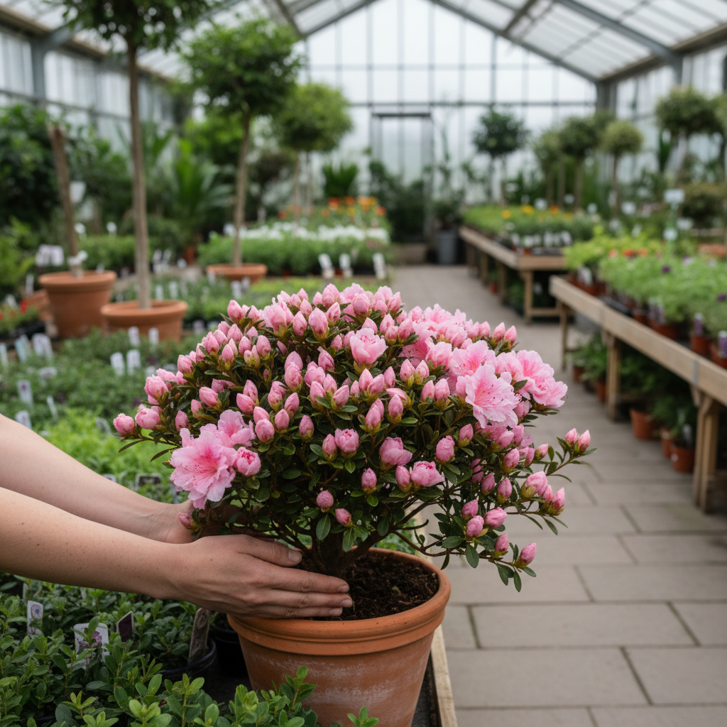 Dłonie delikatnie dotykające doniczki z azalią indyjską w sklepie ogrodniczym. Roślina ma mnóstwo zamkniętych pąków i kilka otwartych, różowych kwiatów. W tle widać inne rośliny, co sugeruje otoczenie centrum ogrodniczego.