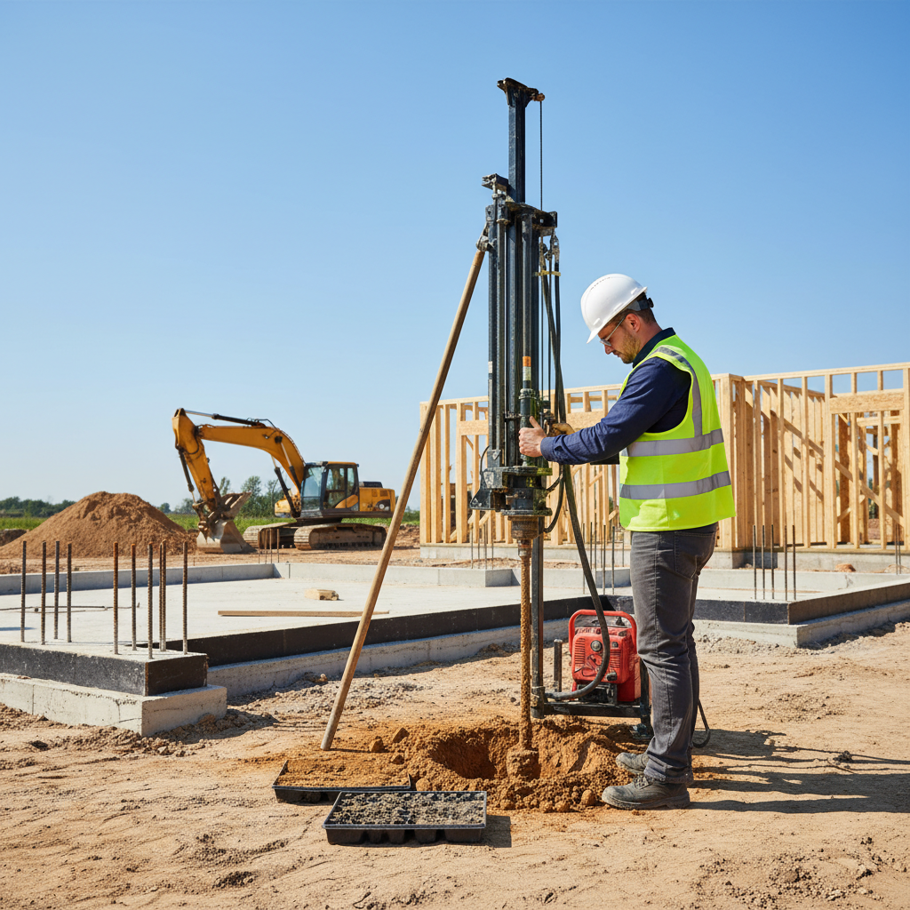 Geotechnik w kasku ochronnym, przeprowadzający odwiert badawczy na działce budowlanej, w tle widać początki budowy domu. Słoneczny, ale roboczy dzień.